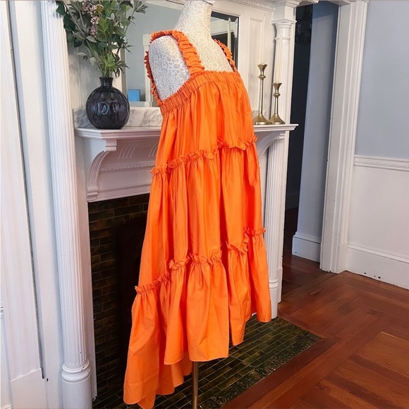 DEVOTION TWINS Bright Orange Cotton Poplin Sleeveless High-Lo Midi Dress OSFM - Picture 8 of 15